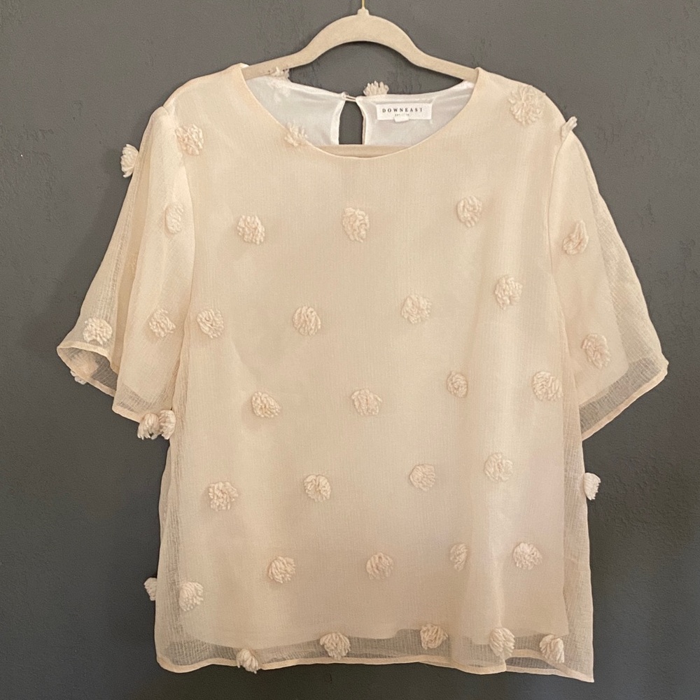 Downeast Cream Textured Pom Pom Top Romantic Flowy Blouse Size XL